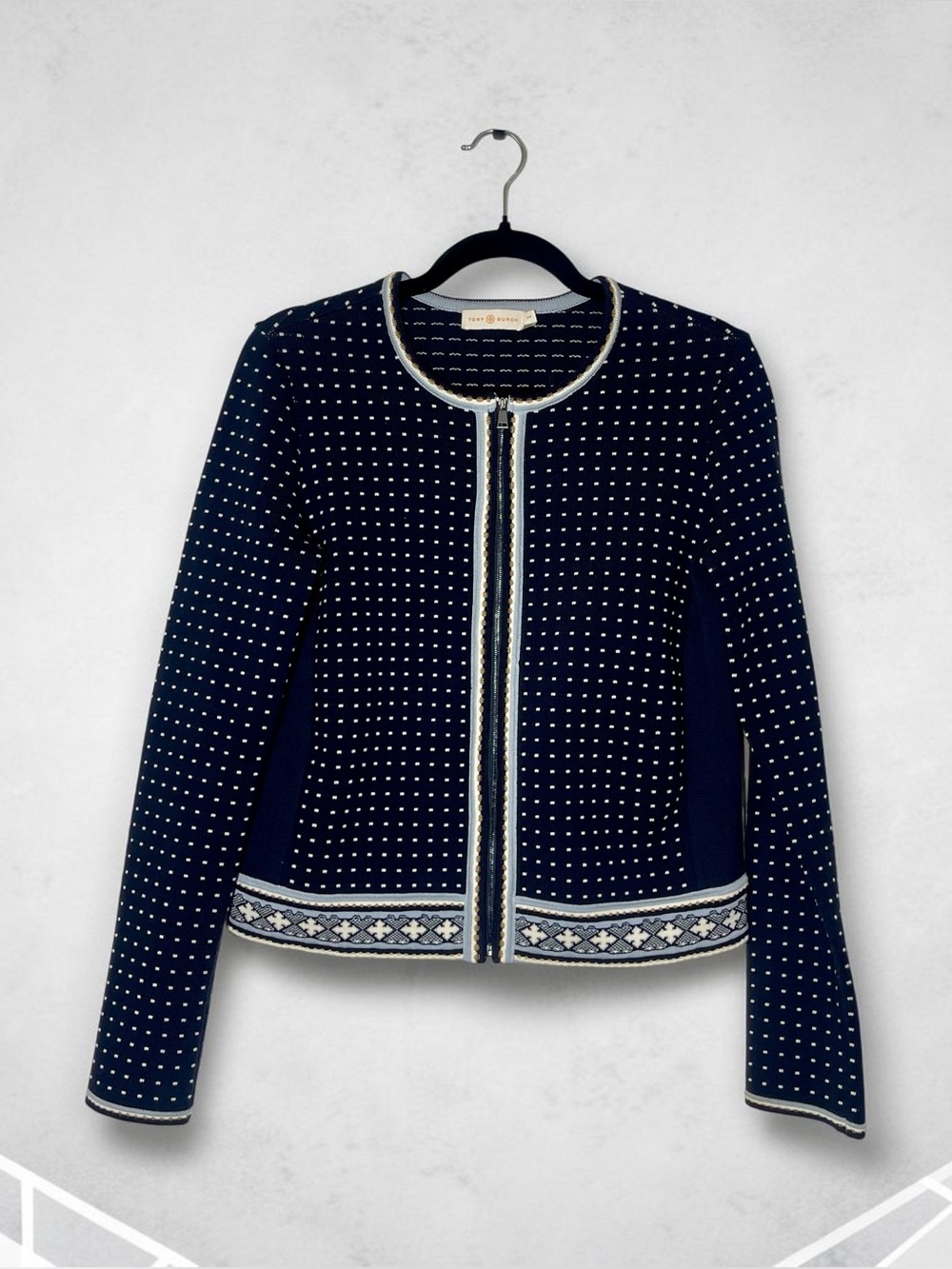 Tory Burch Knitted Navy Cardigan Sweater Long Sleeve Zipper Size Small